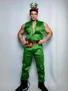 Front view of a male model wearing the green Christmas jumpsuit costume set, showing the zip-front jumpsuit, belt and antler headpiece.