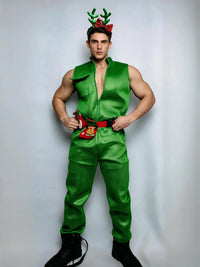 Front view of a male model wearing the green Christmas jumpsuit costume set, showing the zip-front jumpsuit, belt and antler headpiece.