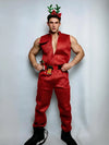 Front view of a male model wearing the red Christmas jumpsuit costume set, showing the sleeveless jumpsuit, antler headpiece and belt.