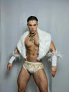 Front view of PRINCEJOCK Faux Fur Shawl With Briefs Sleeves & Accessories Male Gogo Costume with Contemporary theme in White.