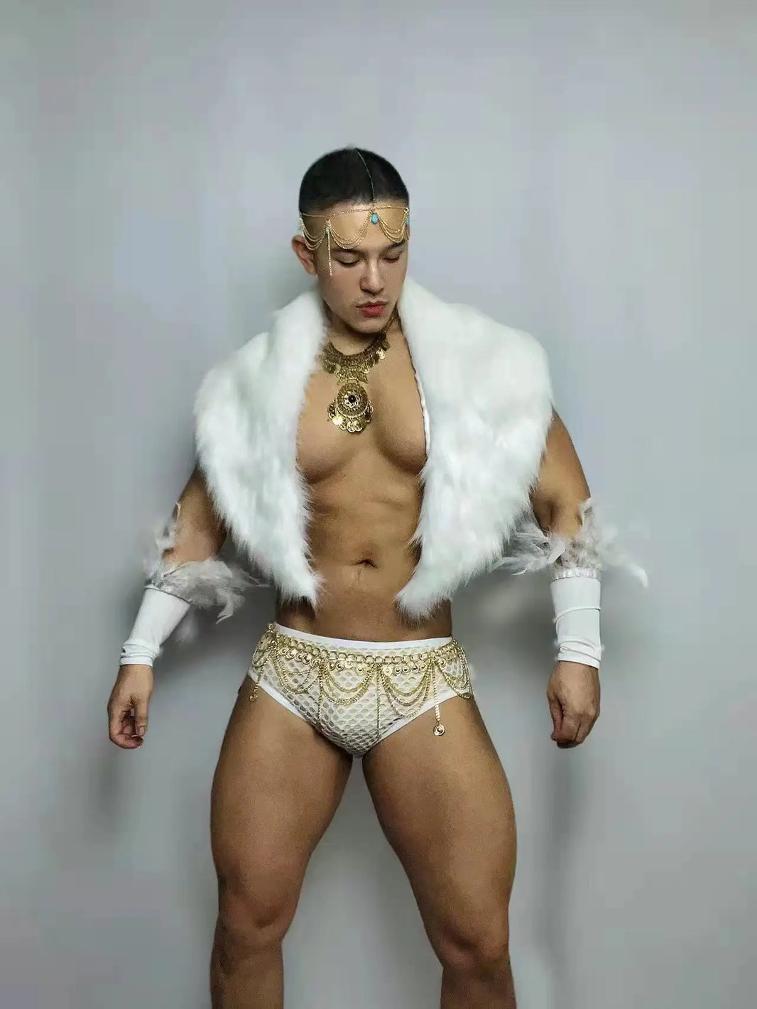 Front view of PRINCEJOCK Faux Fur Shawl With Briefs Sleeves & Accessories Male Gogo Costume with Contemporary theme in White.