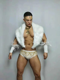 Front view of PRINCEJOCK Faux Fur Shawl With Briefs Sleeves & Accessories Male Gogo Costume with Contemporary theme in White.