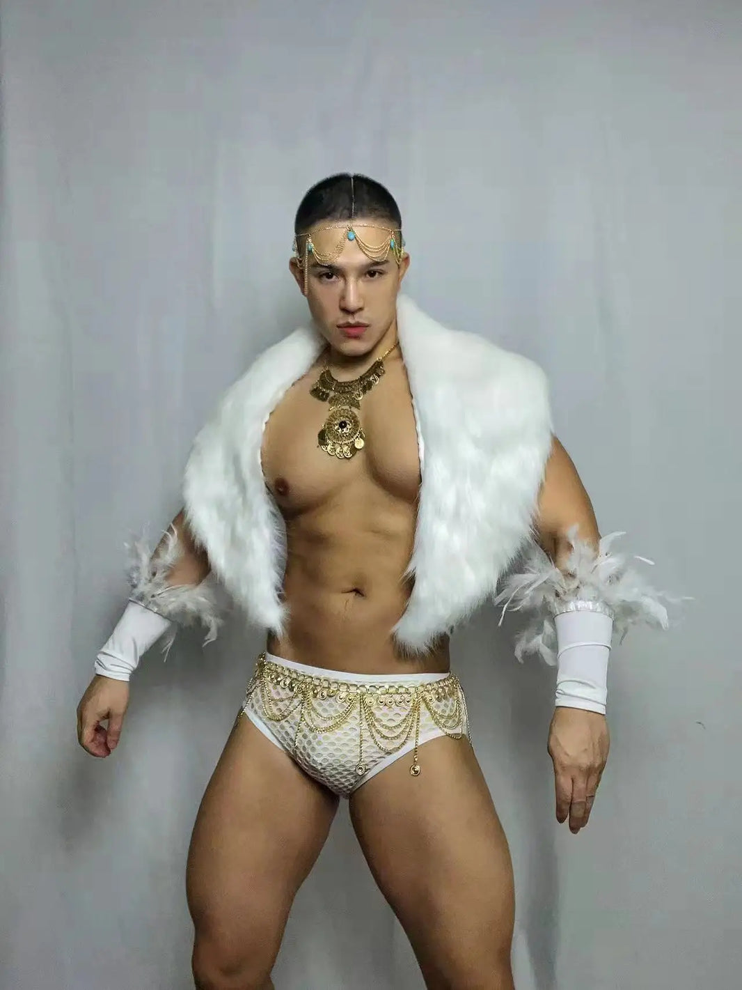 PRINCEJOCK Faux Fur Shawl With Briefs Sleeves & Accessories Male Gogo Costume men's gogo costume in white, front view