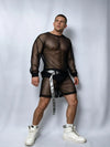 Front view of PRINCEJOCK Fishnet Top & Shorts With Belt Male Gogo Costume with Contemporary theme in Black.