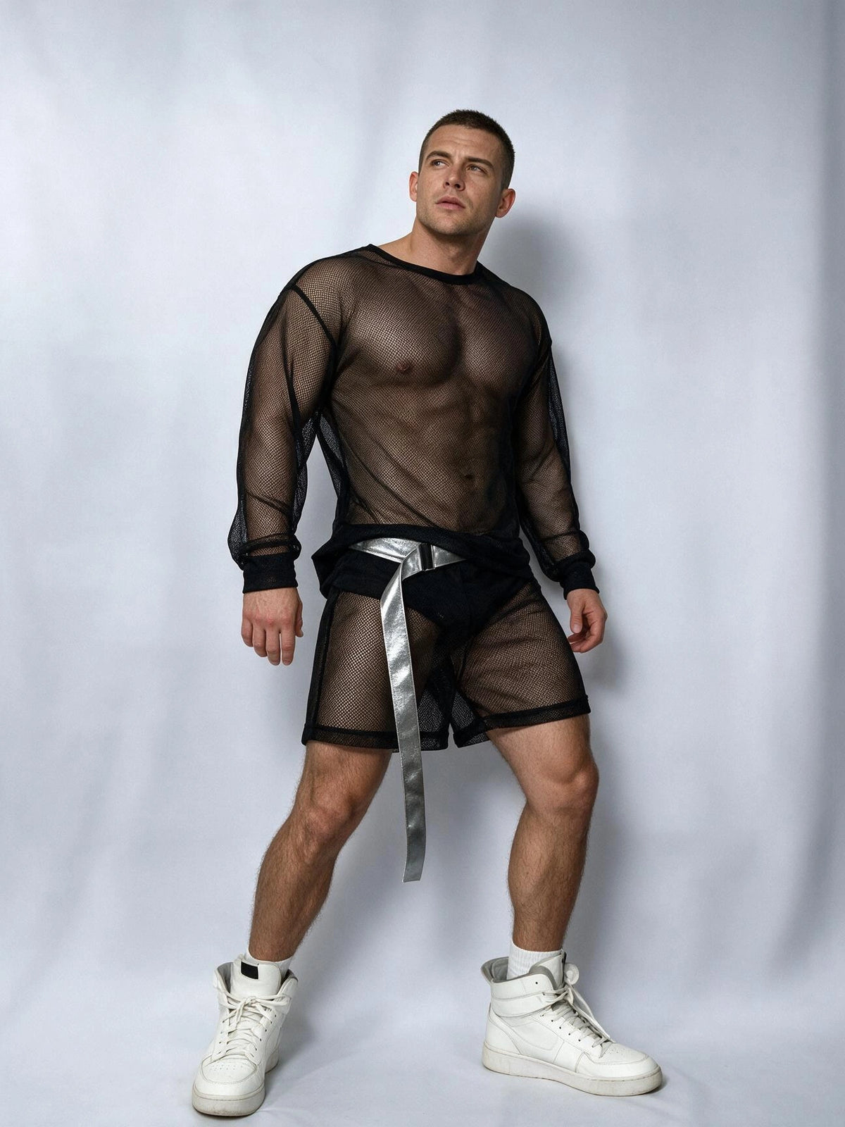 Front view of PRINCEJOCK Fishnet Top & Shorts With Belt Male Gogo Costume with Contemporary theme in Black.