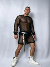 Front view of PRINCEJOCK Fishnet Top & Shorts With Belt Male Gogo Costume with Contemporary theme in Black.