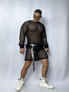 Front view of PRINCEJOCK Fishnet Top & Shorts With Belt Male Gogo Costume with Contemporary theme in Black.