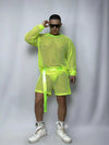 Front view of PRINCEJOCK Fishnet Top & Shorts With Belt Male Gogo Costume with Contemporary theme in Fluorescent Green.