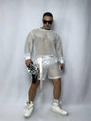 Front view of PRINCEJOCK Fishnet Top & Shorts With Belt Male Gogo Costume with Contemporary theme in White.