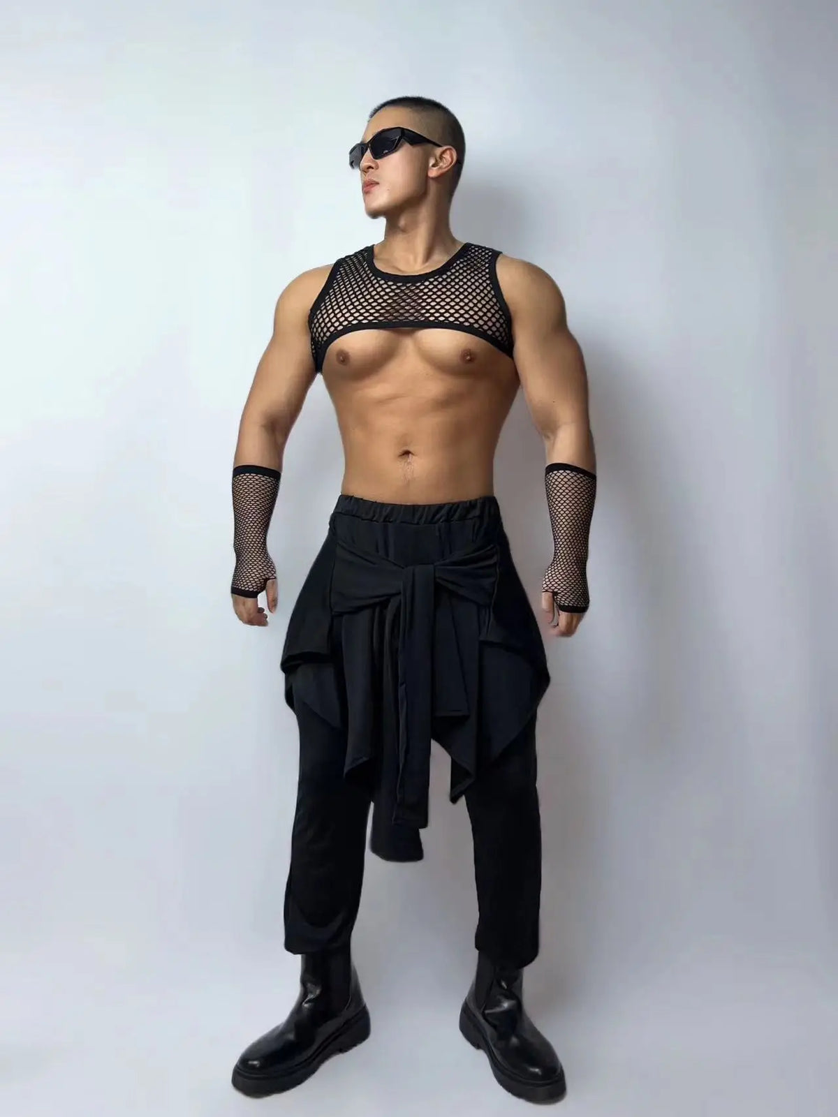Front view of PRINCEJOCK Fishnet Top & Sleeves With Pants Male Gogo Costume with Contemporary theme in Black.