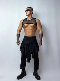 Front view of PRINCEJOCK Fishnet Top & Sleeves With Pants Male Gogo Costume with Contemporary theme in Black.