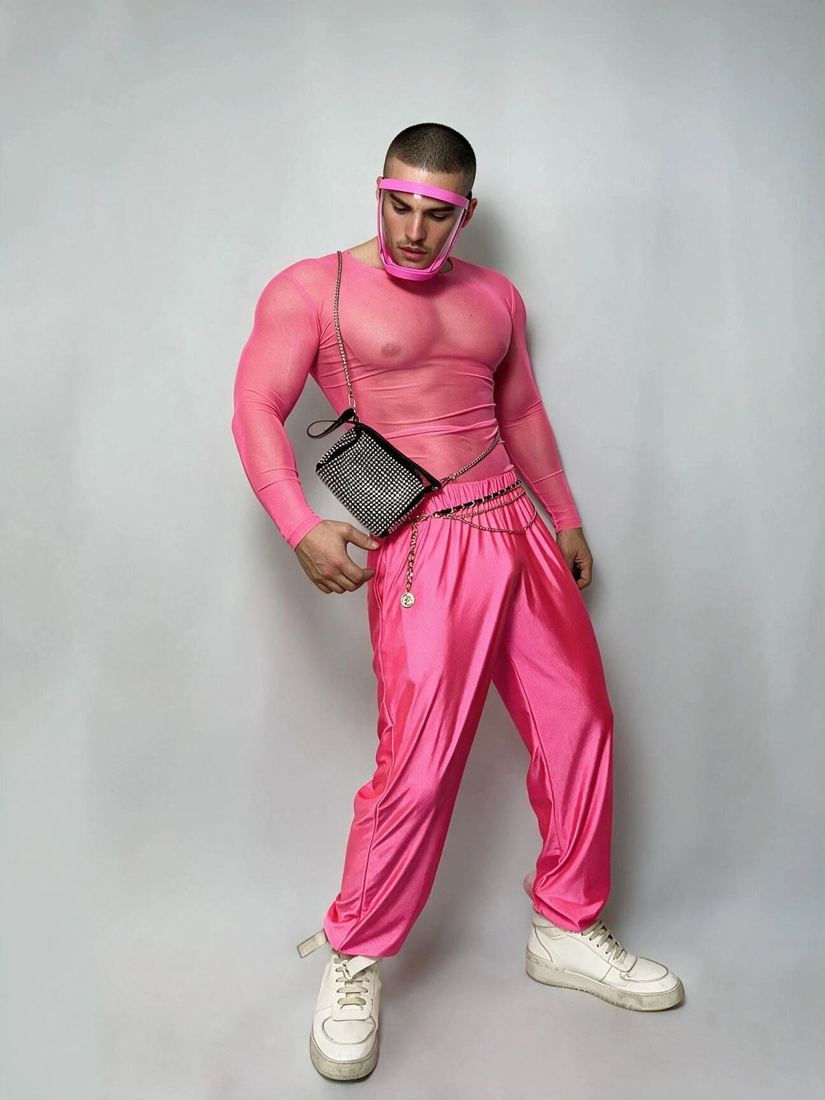 Front view of PRINCEJOCK Fluorescent Mesh Top & Pants Male Gogo Costume with Contemporary theme in Pink.