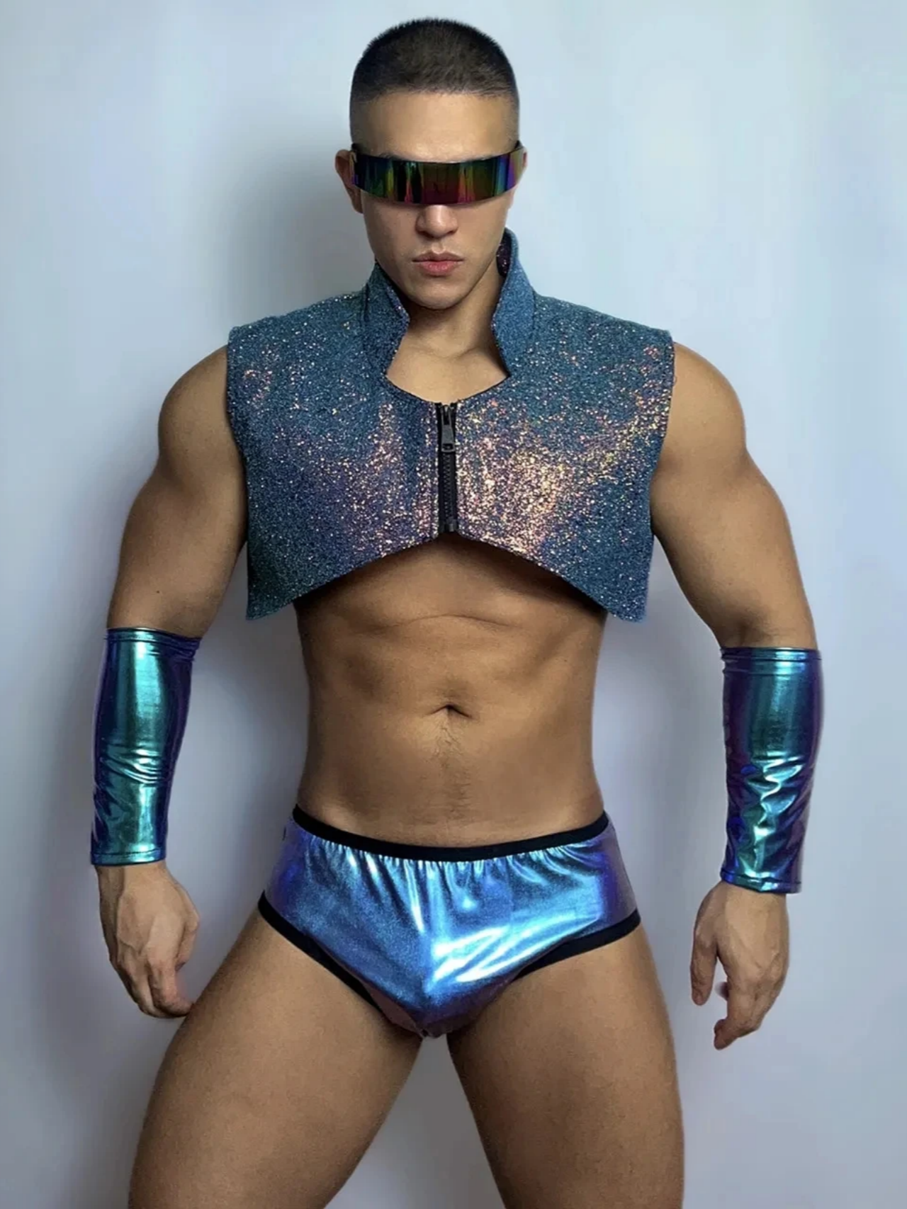 PRINCEJOCK Glitter Vest & Briefs With Sleeves Male Gogo Costume men's gogo costume in blue, front view