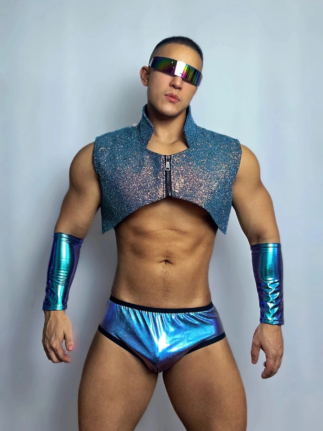 Front view of PRINCEJOCK Glitter Vest & Briefs With Sleeves Male Gogo Costume with Contemporary theme in Blue.