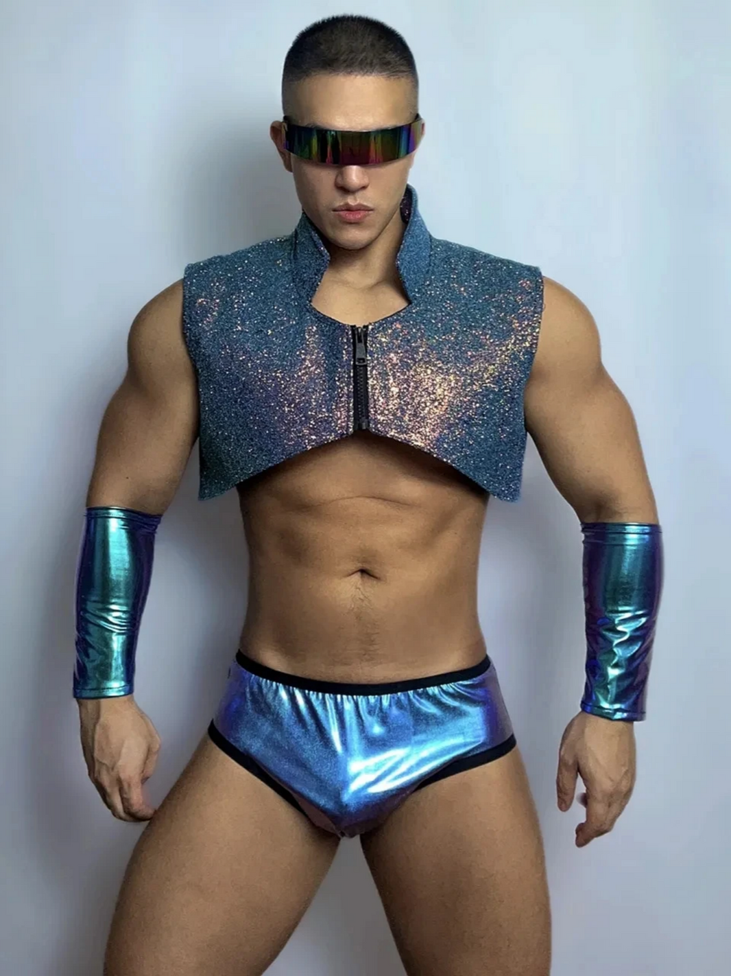 Front view of PRINCEJOCK Glitter Vest & Briefs With Sleeves Male Gogo Costume with Contemporary theme in Blue.