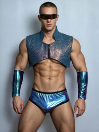 Front view of PRINCEJOCK Glitter Vest & Briefs With Sleeves Male Gogo Costume with Contemporary theme in Blue.