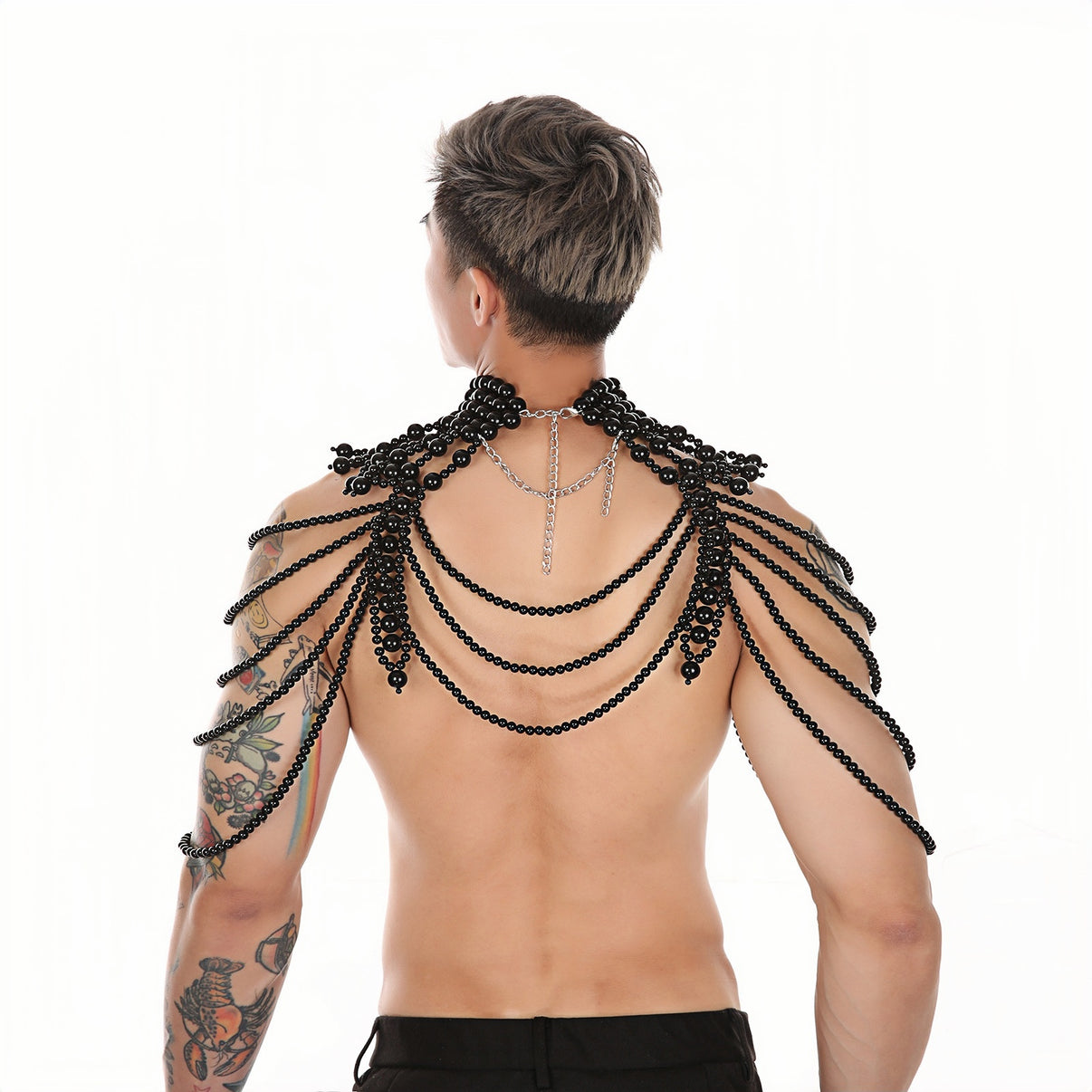 PRINCEJOCK Handmade Pearl Body Harness Male Gogo Costume in Black, back view