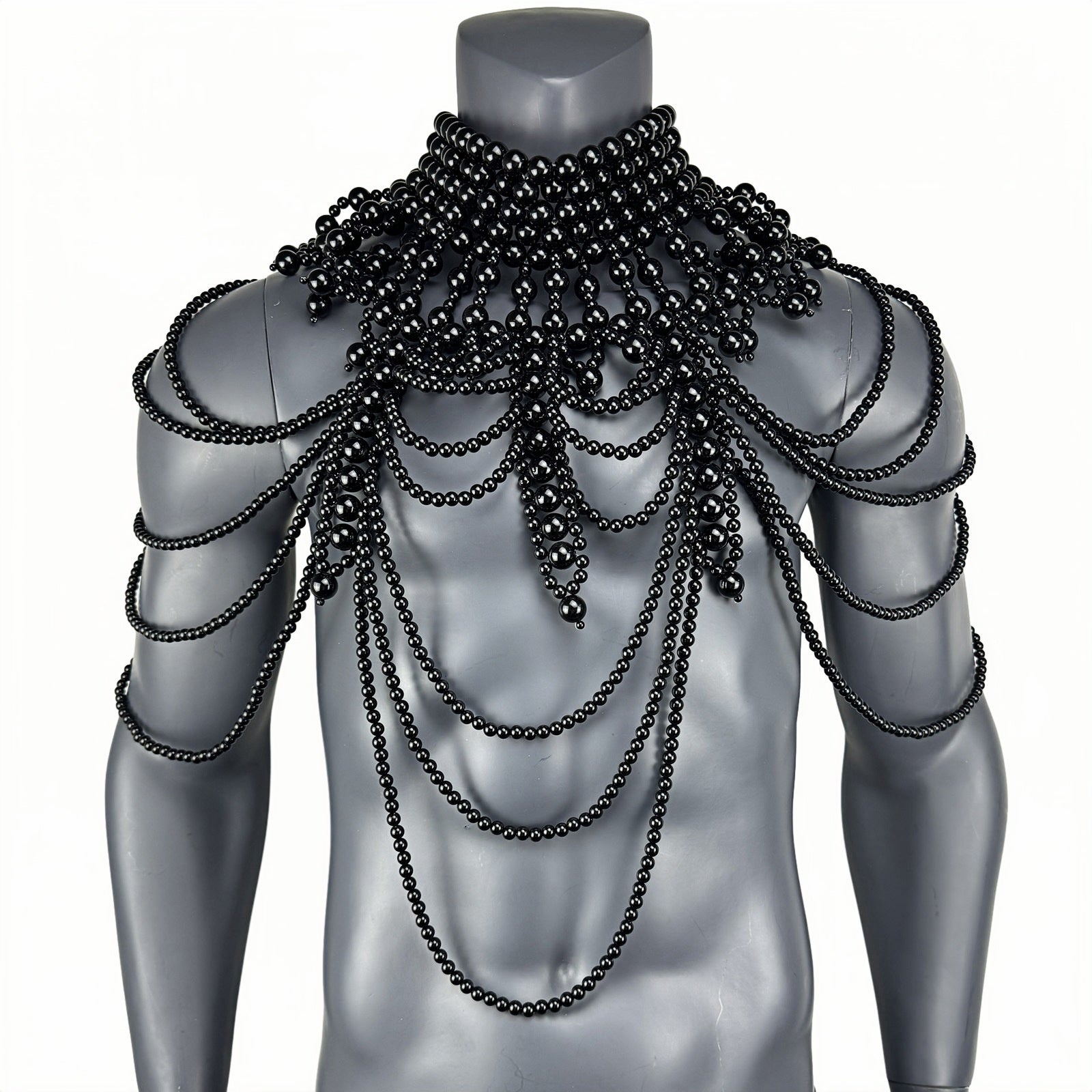 PRINCEJOCK Handmade Pearl Body Harness Male Gogo Costume in Black, detail view