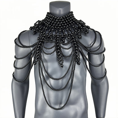 PRINCEJOCK Handmade Pearl Body Harness Male Gogo Costume in Black, detail view