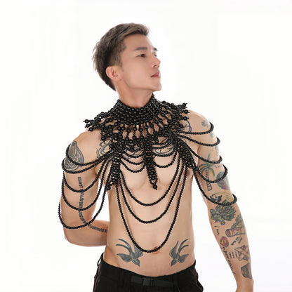 PRINCEJOCK Handmade Pearl Body Harness Male Gogo Costume in Black, front view