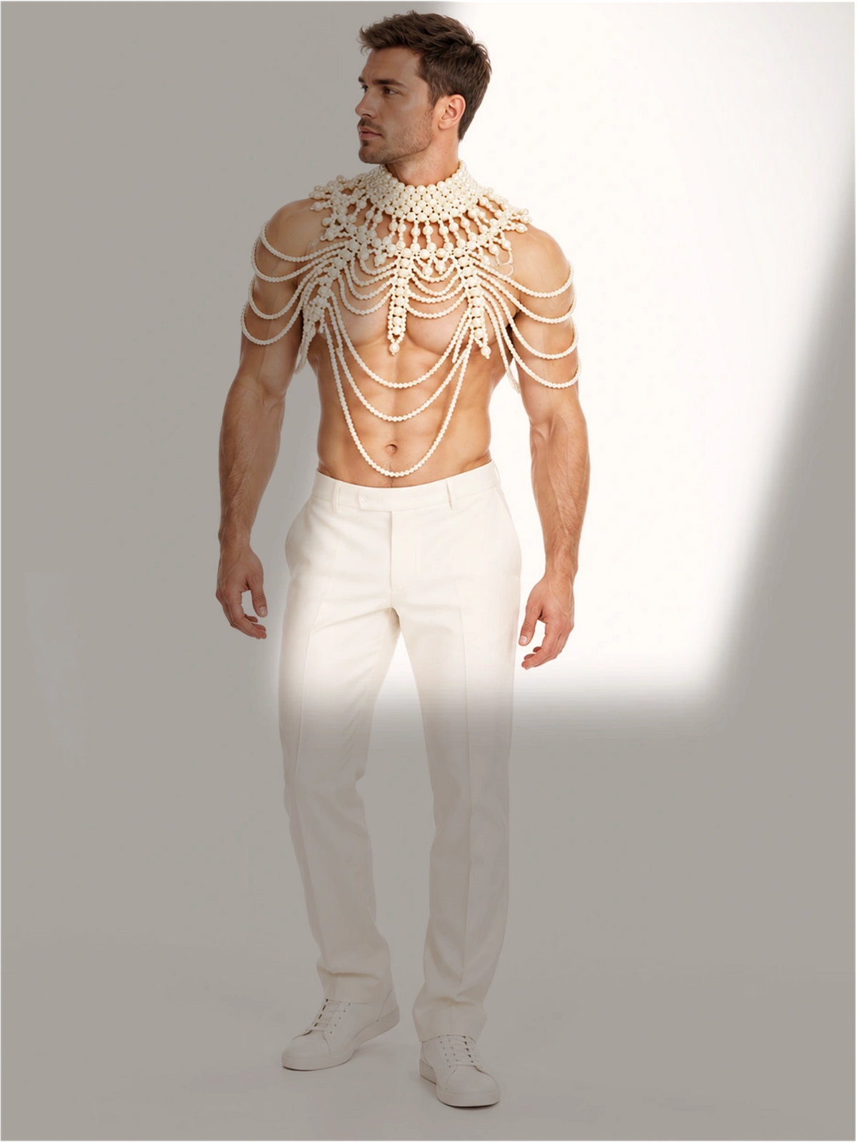 PRINCEJOCK Handmade Pearl Body Harness Male Gogo Costume in White, front view