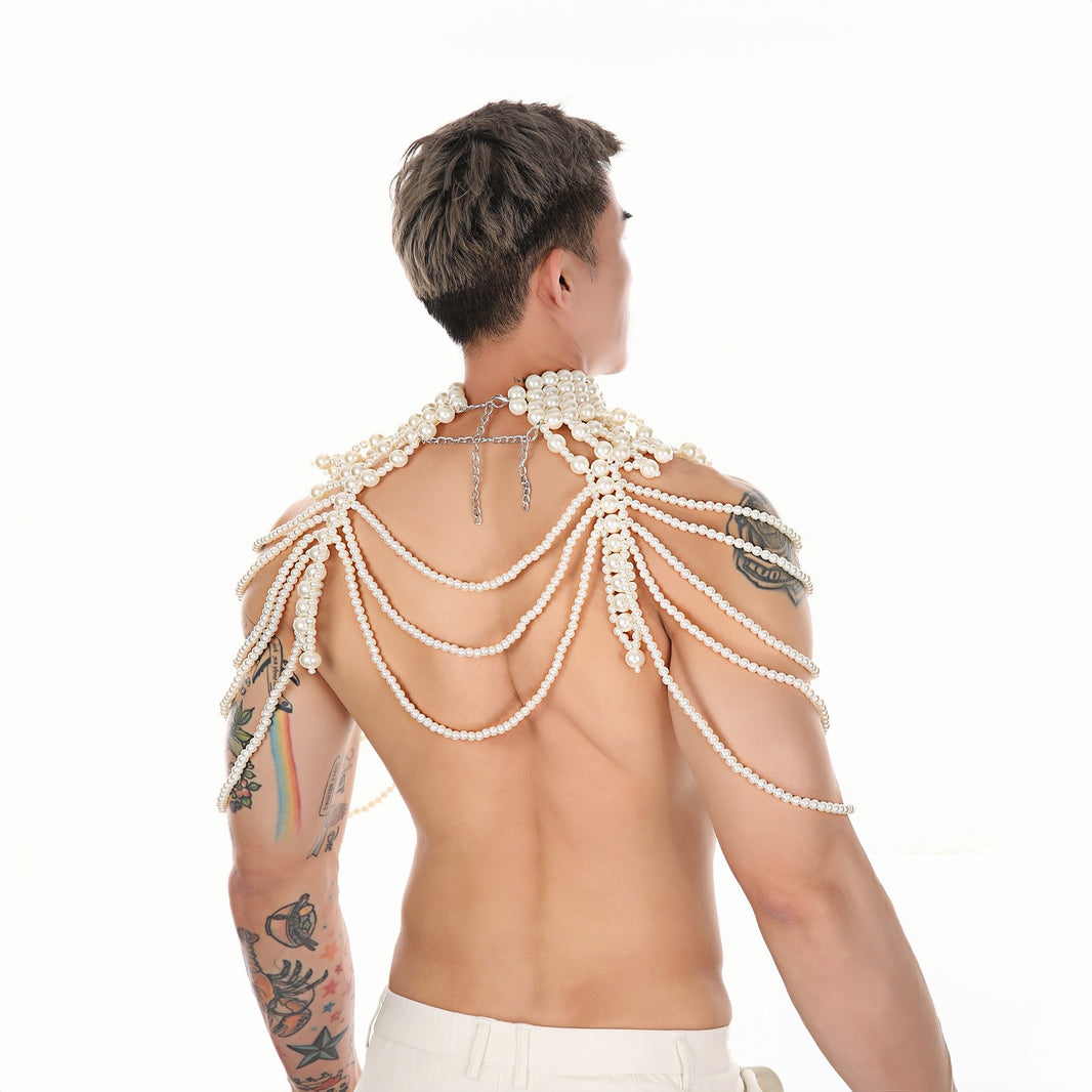 PRINCEJOCK Handmade Pearl Body Harness Male Gogo Costume in White, back view