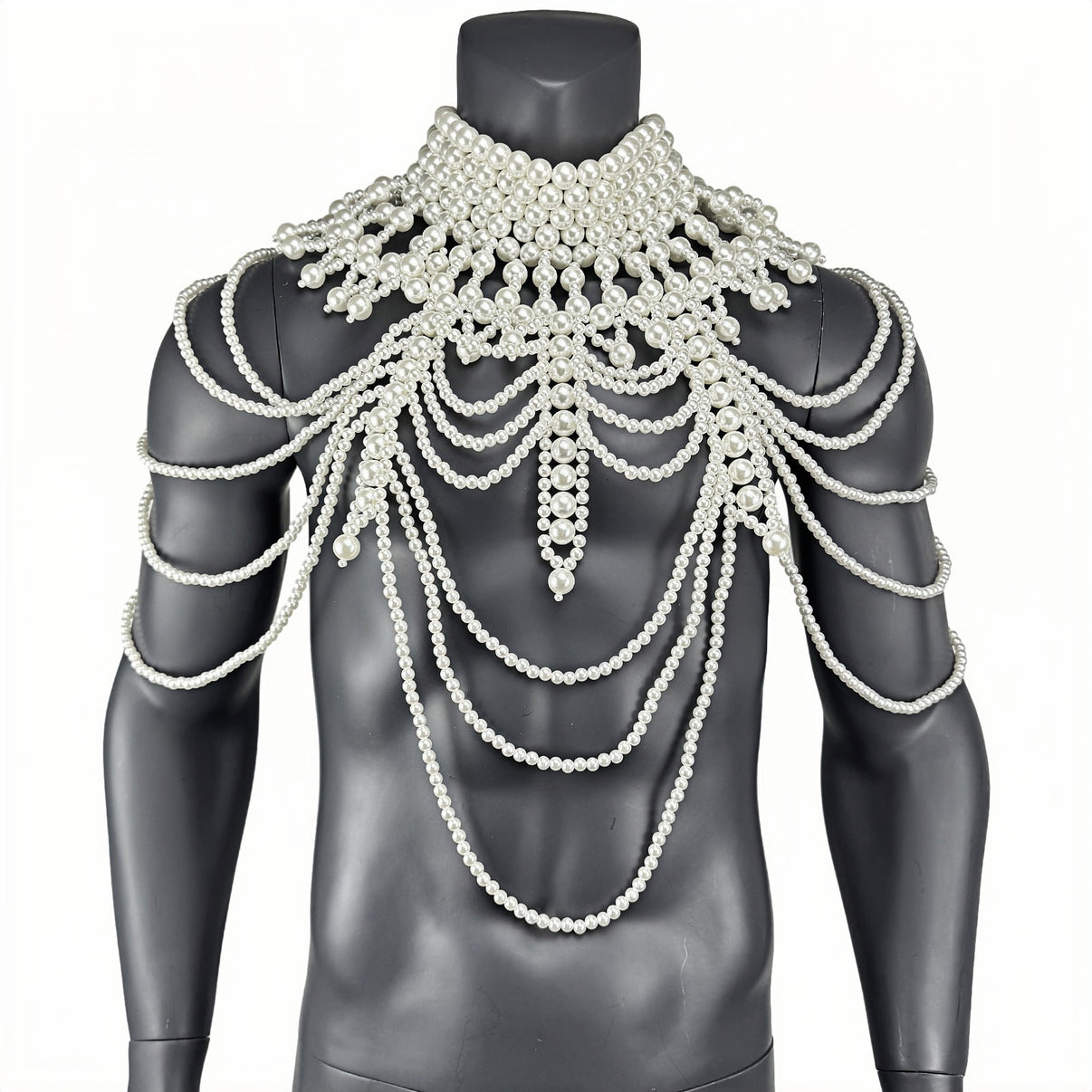 PRINCEJOCK Handmade Pearl Body Harness Male Gogo Costume in White, detail view