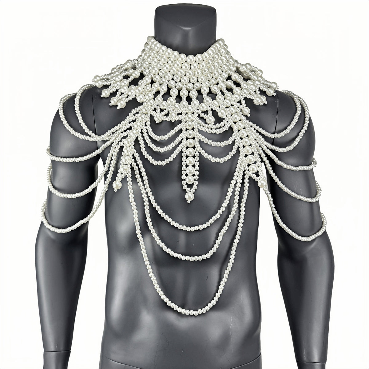 PRINCEJOCK Handmade Pearl Body Harness Male Gogo Costume in White, detail view