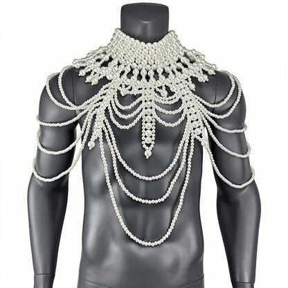 PRINCEJOCK Handmade Pearl Body Harness Male Gogo Costume in White, detail view