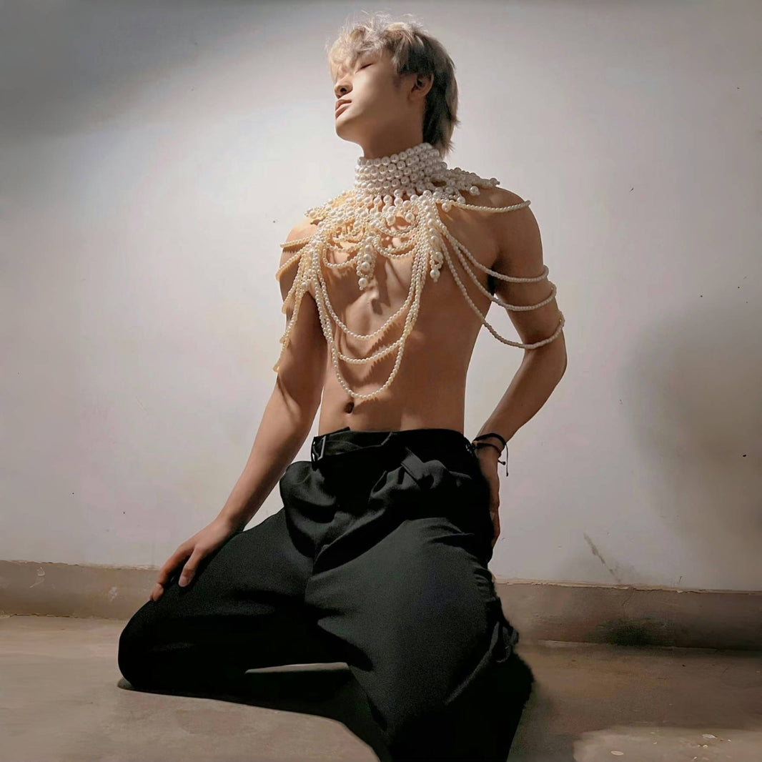 PRINCEJOCK Handmade Pearl Body Harness Male Gogo Costume in White, front view