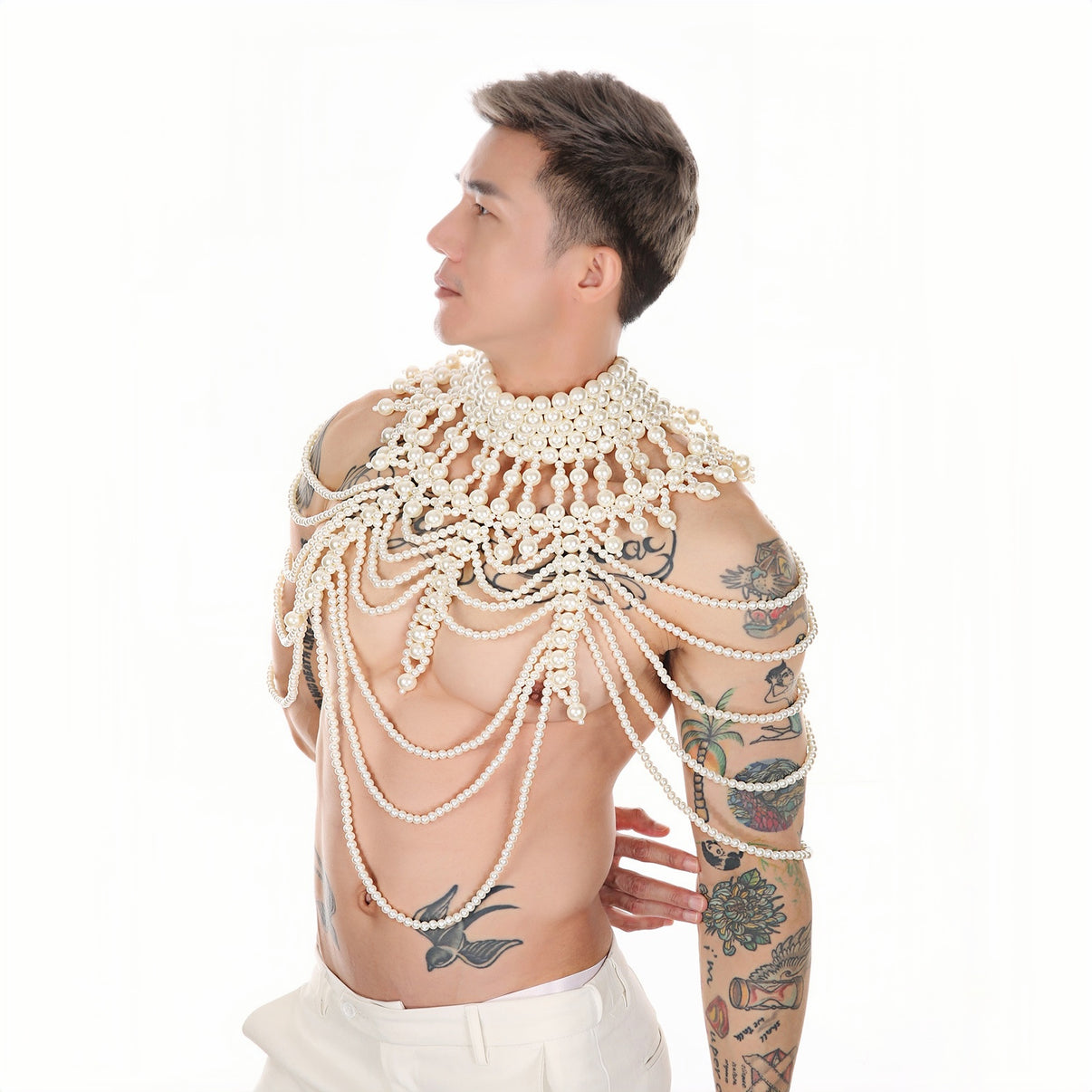 PRINCEJOCK Handmade Pearl Body Harness Male Gogo Costume in White, right side view