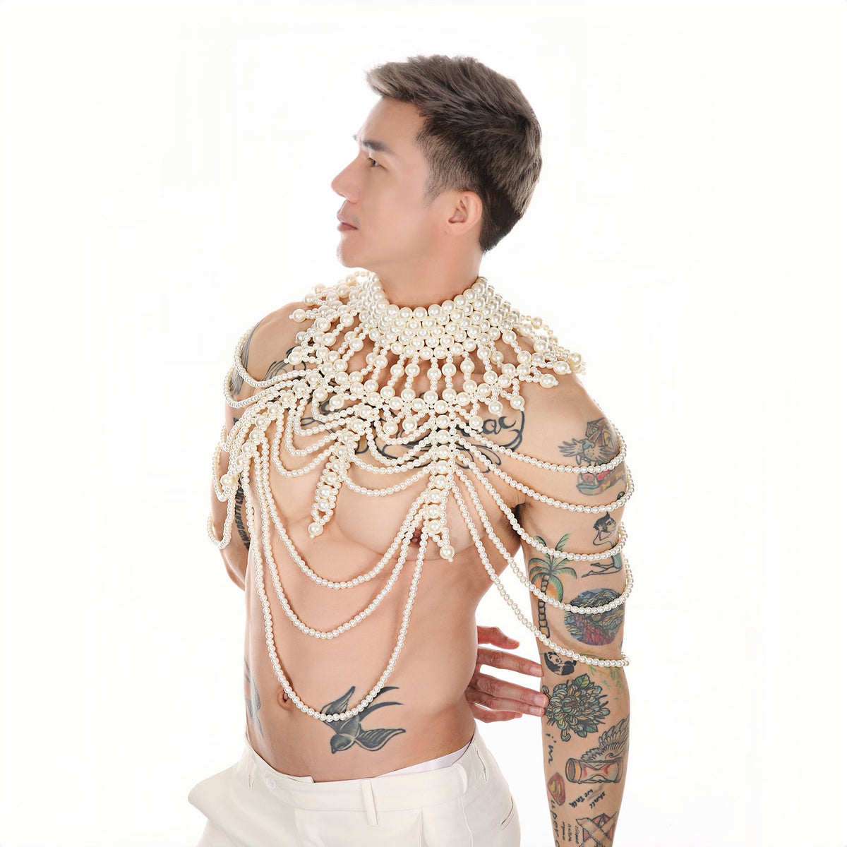 PRINCEJOCK Handmade Pearl Body Harness Male Gogo Costume in White, right side view