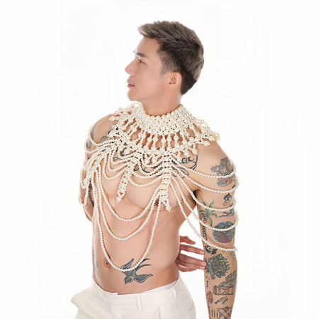 PRINCEJOCK Handmade Pearl Body Harness Male Gogo Costume in White, right side view