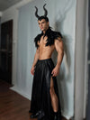 Front three-quarter view of PRINCEJOCK horned demon male gogo Halloween costume in black