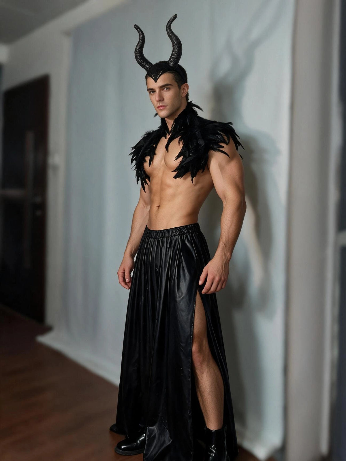 Front three-quarter view of PRINCEJOCK horned demon male gogo Halloween costume in black