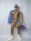 Front view of PRINCEJOCK Imitation Mirror Crop Top & Briefs Male Gogo Costume with Contemporary theme in Blue.