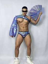 Front view of PRINCEJOCK Imitation Mirror Crop Top & Briefs Male Gogo Costume with Contemporary theme in Blue.