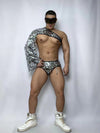 Front view of PRINCEJOCK Imitation Mirror Crop Top & Briefs Male Gogo Costume with Contemporary theme in Silver.