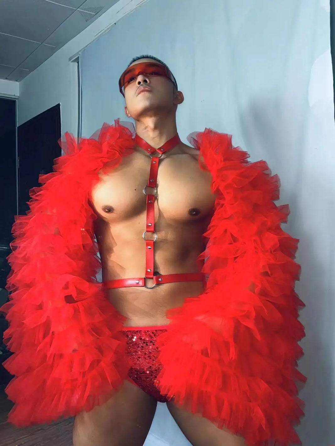 PRINCEJOCK Puff Sleeve Top With Briefs & Harness Male Gogo Costume men's gogo costume in red, front view