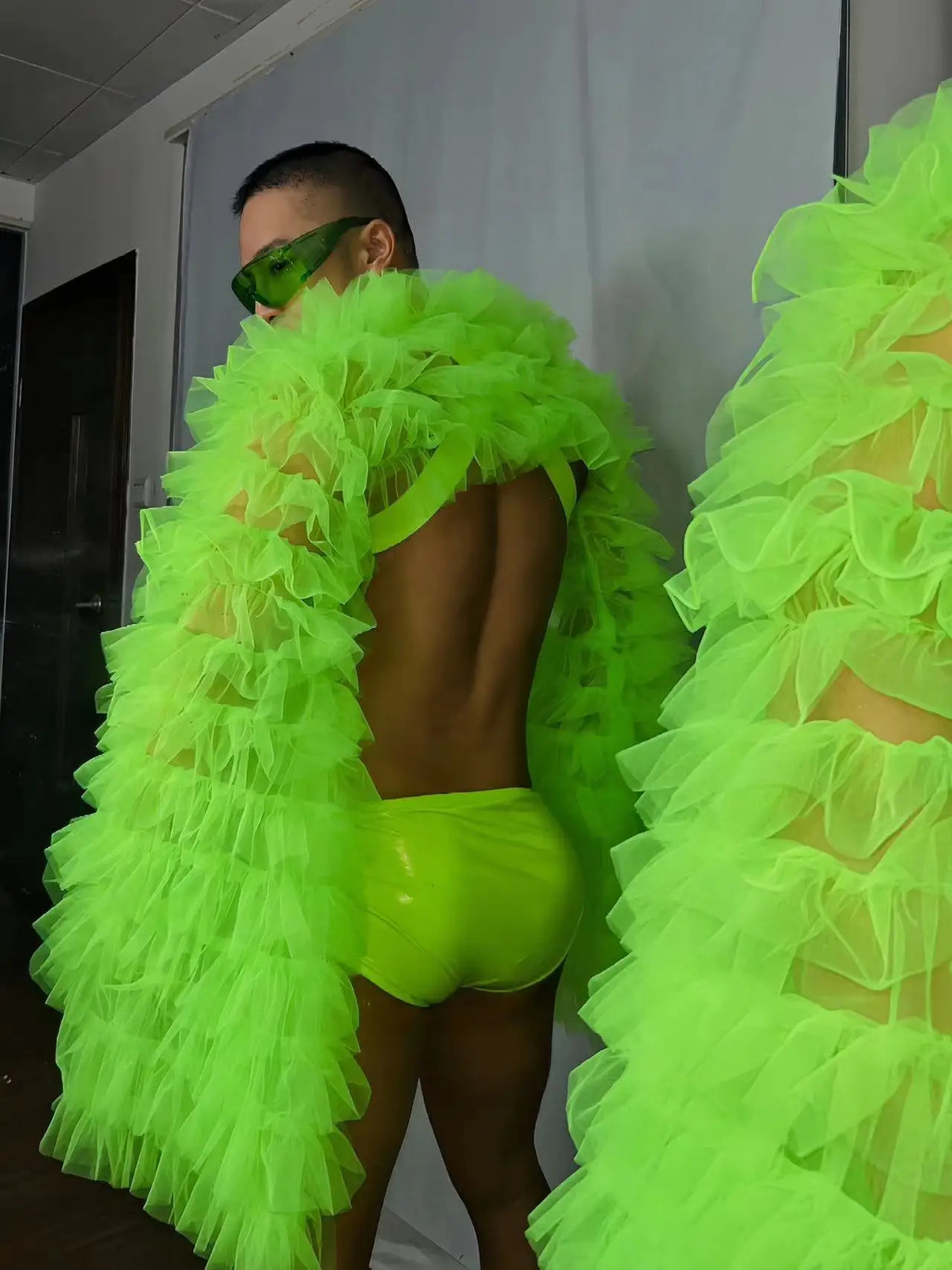 PRINCEJOCK Puff Sleeve Top With Briefs & Harness Male Gogo Costume men's gogo costume in green, back view