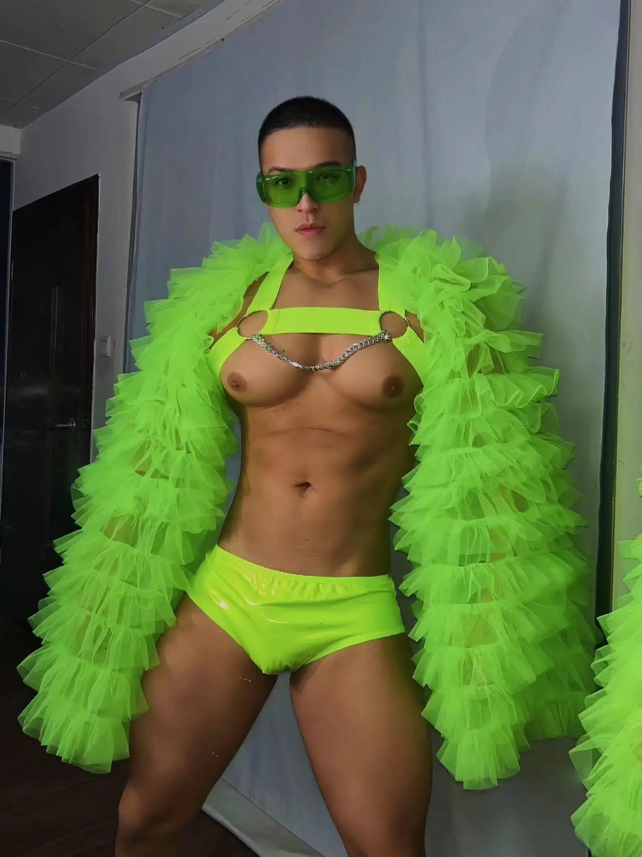 PRINCEJOCK Puff Sleeve Top With Briefs & Harness Male Gogo Costume men's gogo costume in green, front view