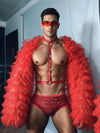 Front view of PRINCEJOCK Puff Sleeve Top With Briefs & Harness Male Gogo Costume with Contemporary theme in Red.