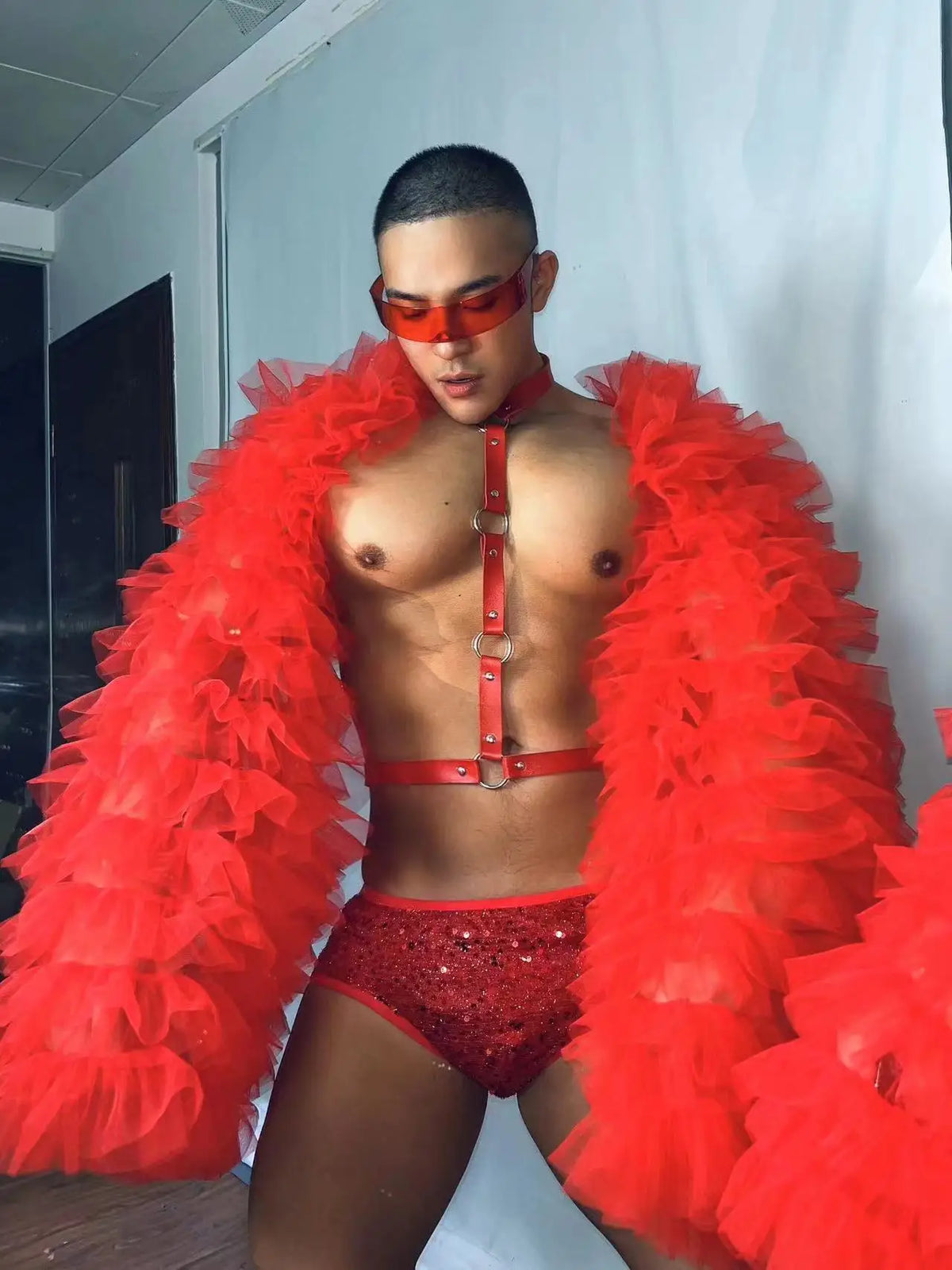 PRINCEJOCK Puff Sleeve Top With Briefs & Harness Male Gogo Costume men's gogo costume in red, front view