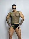 Front view of PRINCEJOCK Rhinestone Mesh Crop Top & Briefs Male Gogo Costume with Contemporary theme in Black.