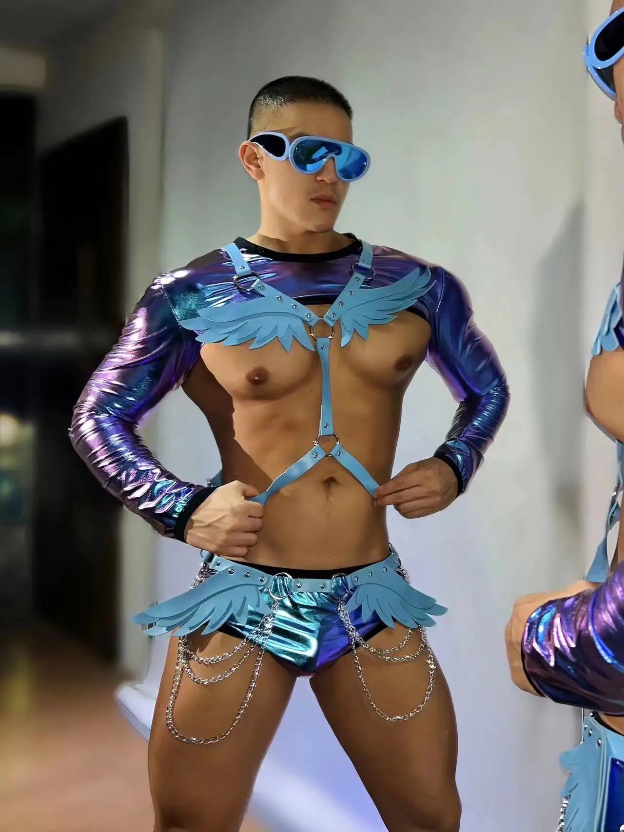 PRINCEJOCK Shiny Long Sleeve Crop Top With Briefs & Accessories Male Gogo Costume men's gogo costume in blue, front view