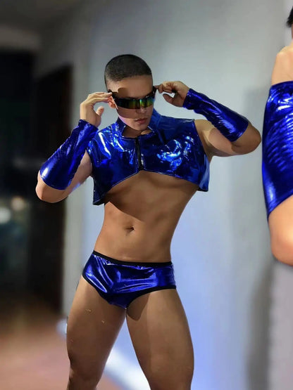 PRINCEJOCK Shiny Vest & Briefs With Sleeves Male Gogo Costume men's gogo costume in blue, front view
