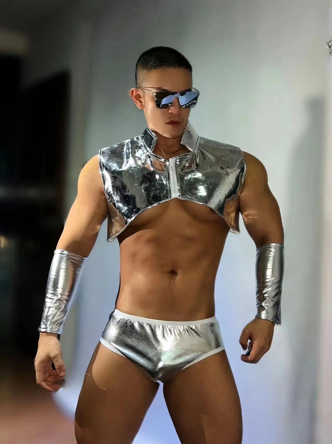 PRINCEJOCK Shiny Vest & Briefs With Sleeves Male Gogo Costume men's gogo costume in metallic silver, front view