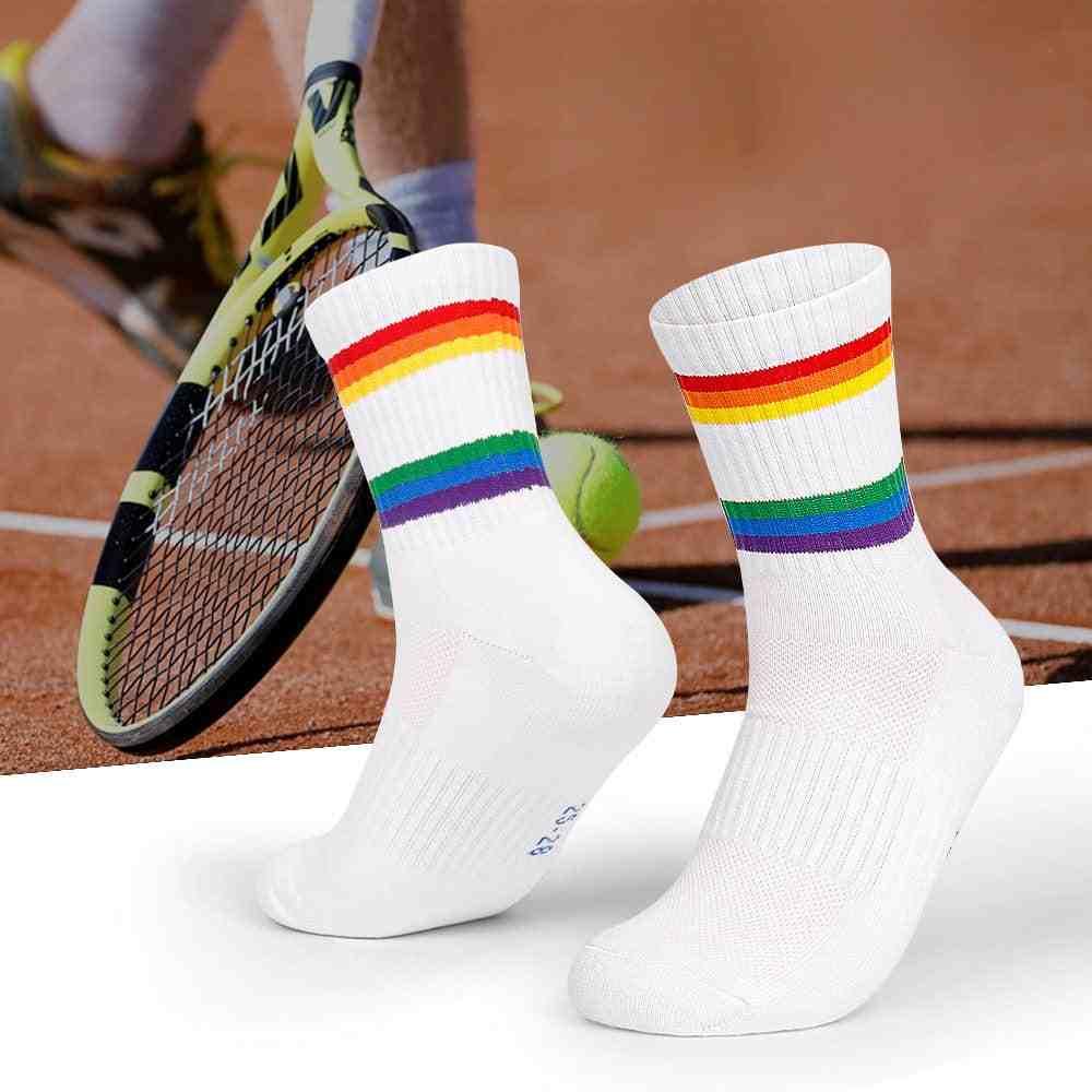 Right-side view of PRINCEJOCK SpectrumStride Rainbow Crew Socks with Cotton feature in White.