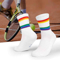 Right-side view of PRINCEJOCK SpectrumStride Rainbow Crew Socks with Cotton feature in White.