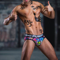 PUMP! Graffiti Briefs men's comfort fit briefs in black, front view